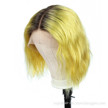 Wholesale 10A Raw Burmese Vrigin Human Hair Body Wave Curly Blunt Cut Ombre Yellow Colored Lace Front Bob Wig